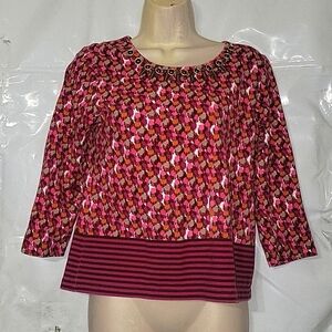 RUBY RD Abstract Print Top Embellished Neckline‎ 3/4 Sleeve Blouse Contemporary